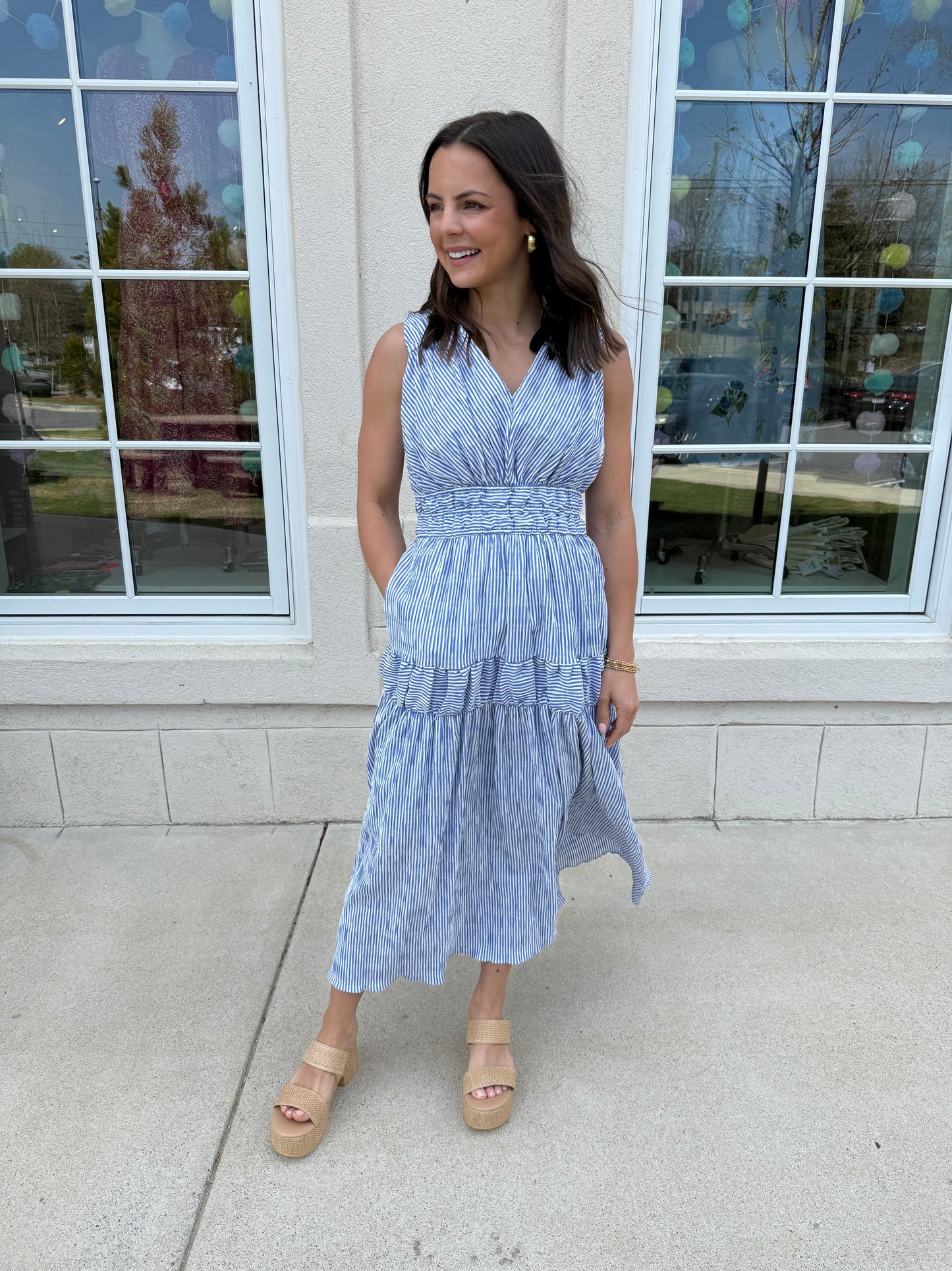 Blue Striped Tiered Dress