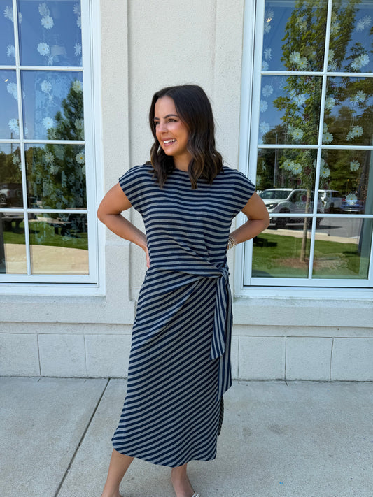 Navy and Grey Striped Midi Dress
