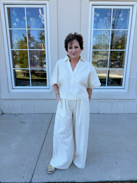 Linen Oversized Open Collar Top