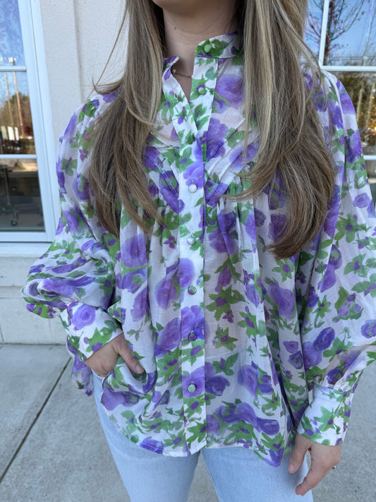 Violet Floral Button Down Top
