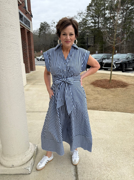 Navy and Light Blue Striped Front Tie Midi