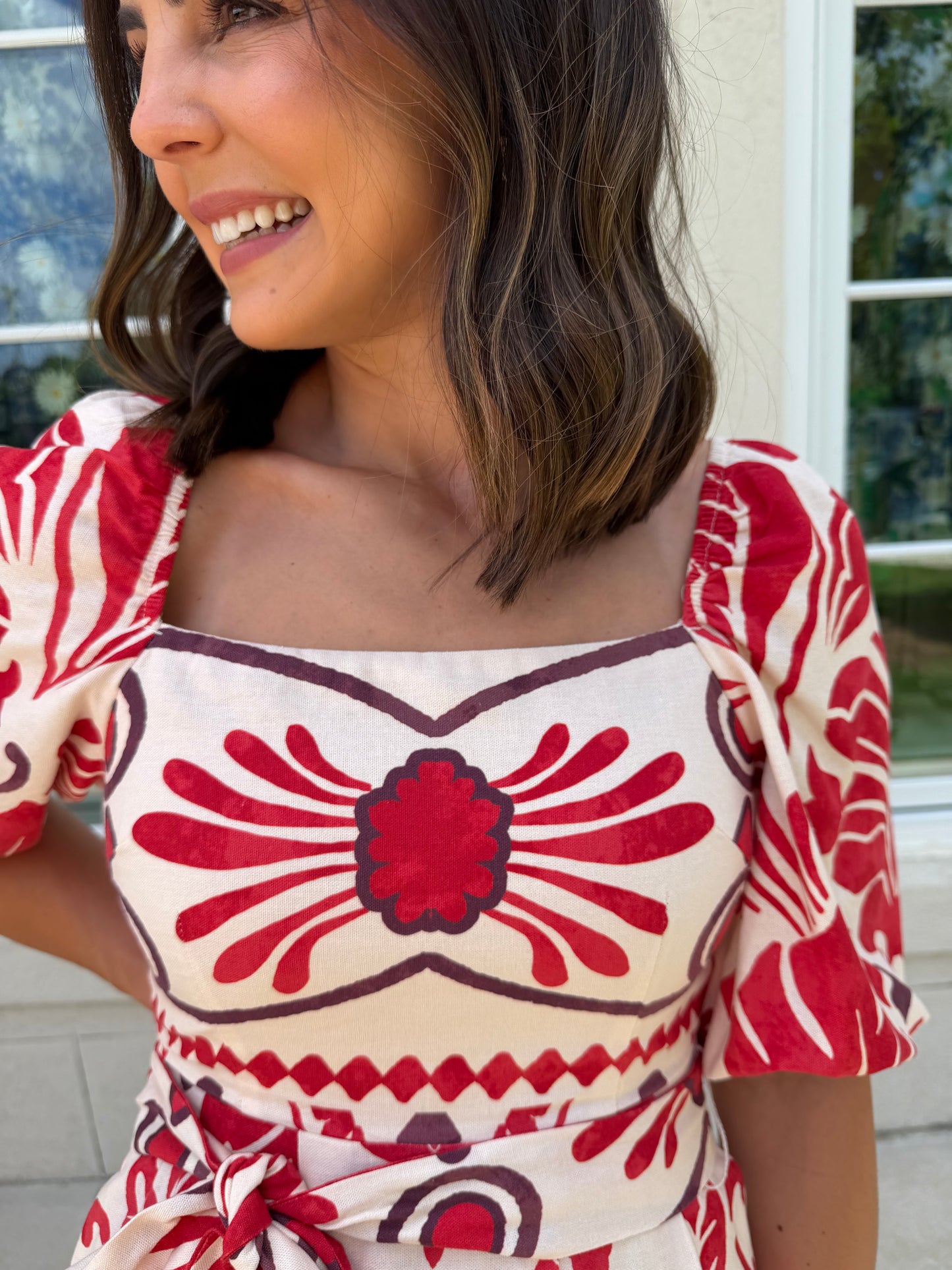 Ivory and Red Tropical and Geo Print Dress