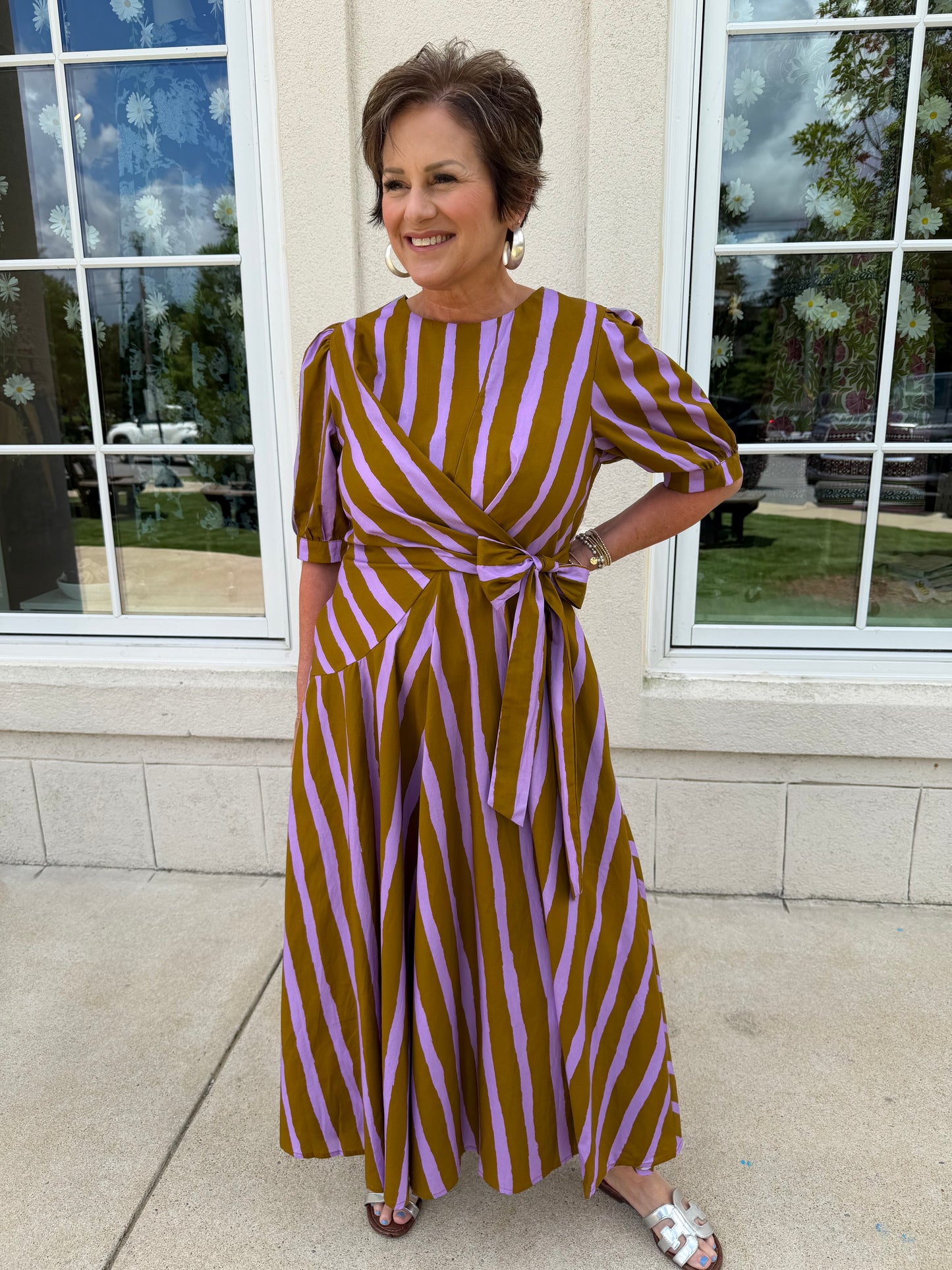 Lavender and Brown Abstract Stripes Maxi Dress