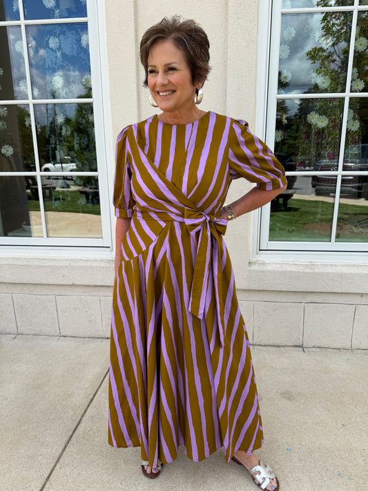 Lavender and Brown Abstract Stripes Maxi Dress