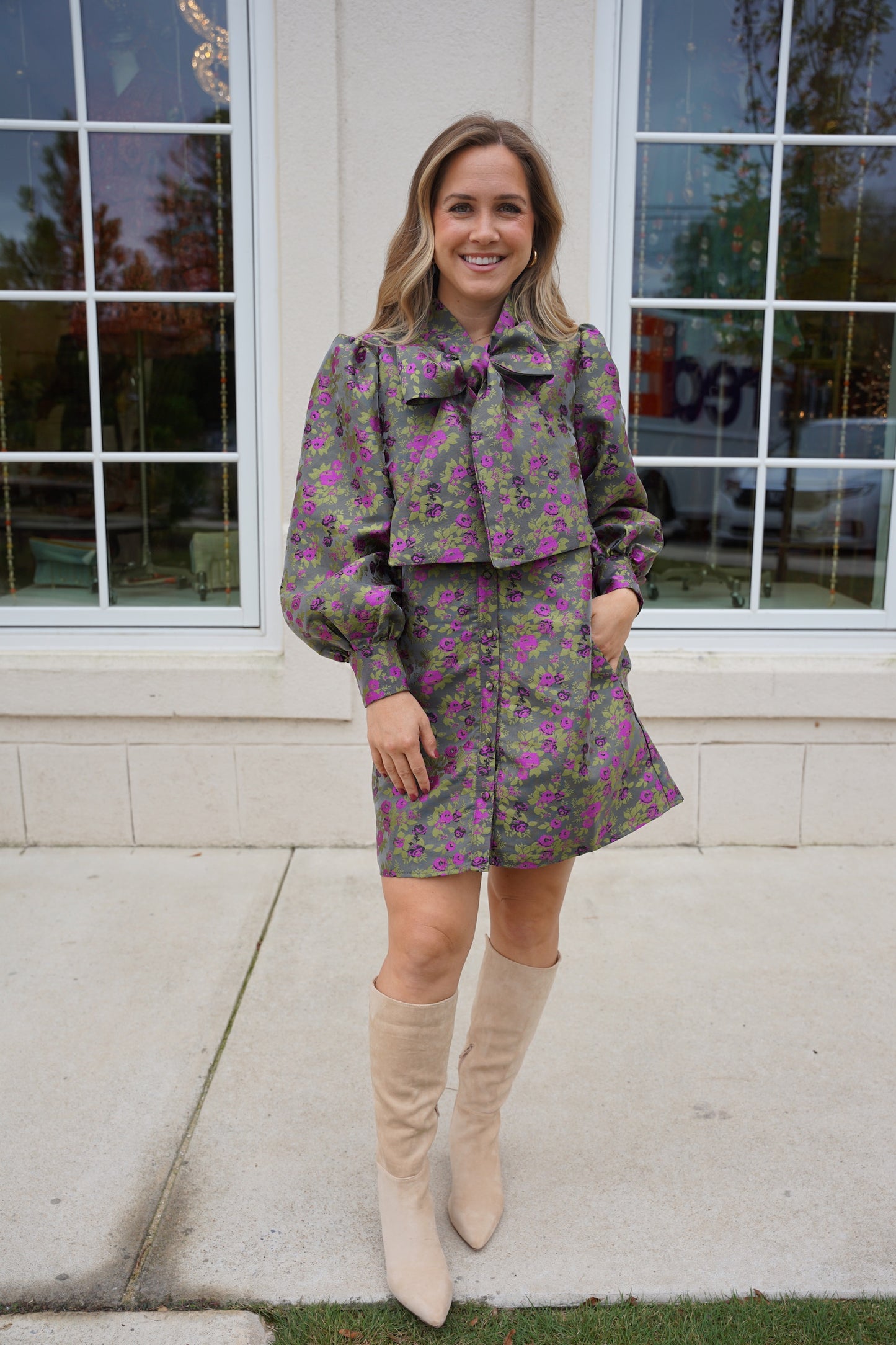 Moss Green and Purple Jacquard Dress