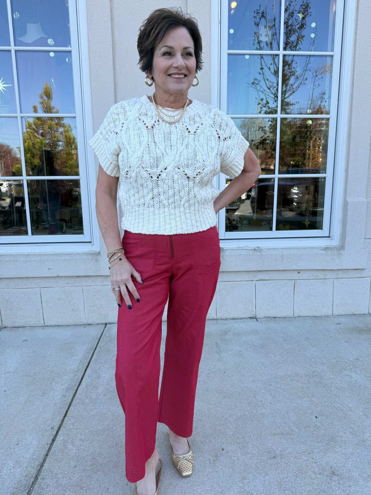 Red Cropped Exposed Zipper Pants