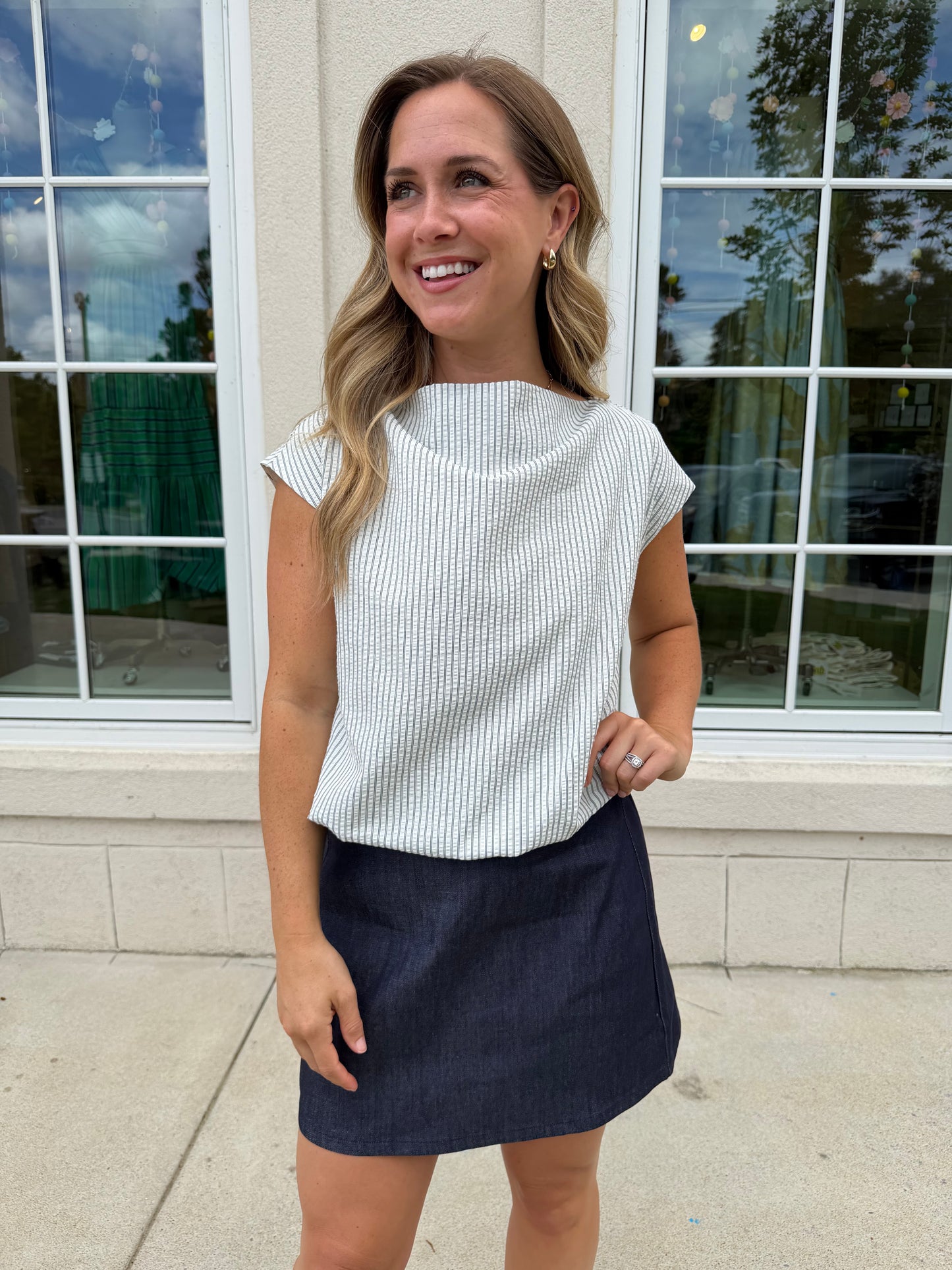 Ivory and Black Stripe Seersucker Bubble Top