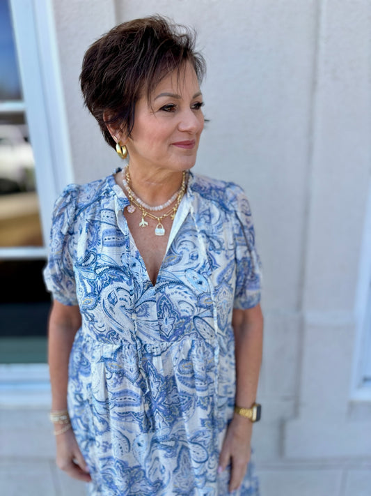 Blue Mix Floral Tiered Midi