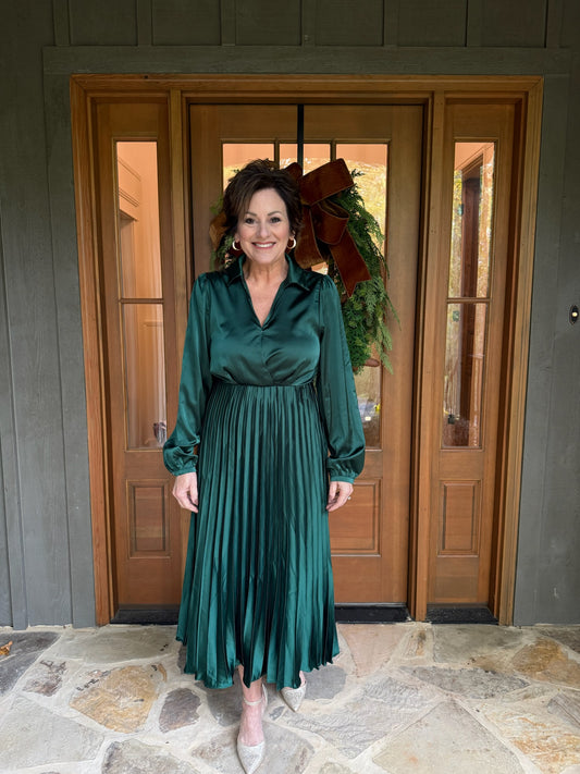 Green Long Sleeve Satin Midi Dress