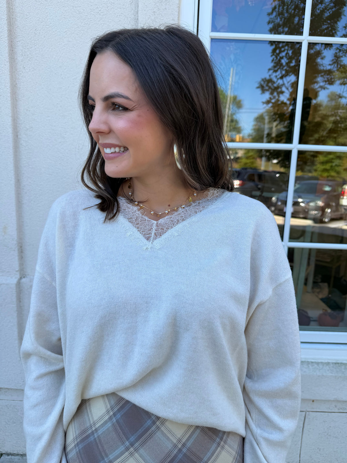 Cream Eyelash Lace Trimmed Sweater