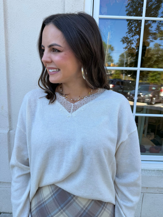 Cream Eyelash Lace Trimmed Sweater