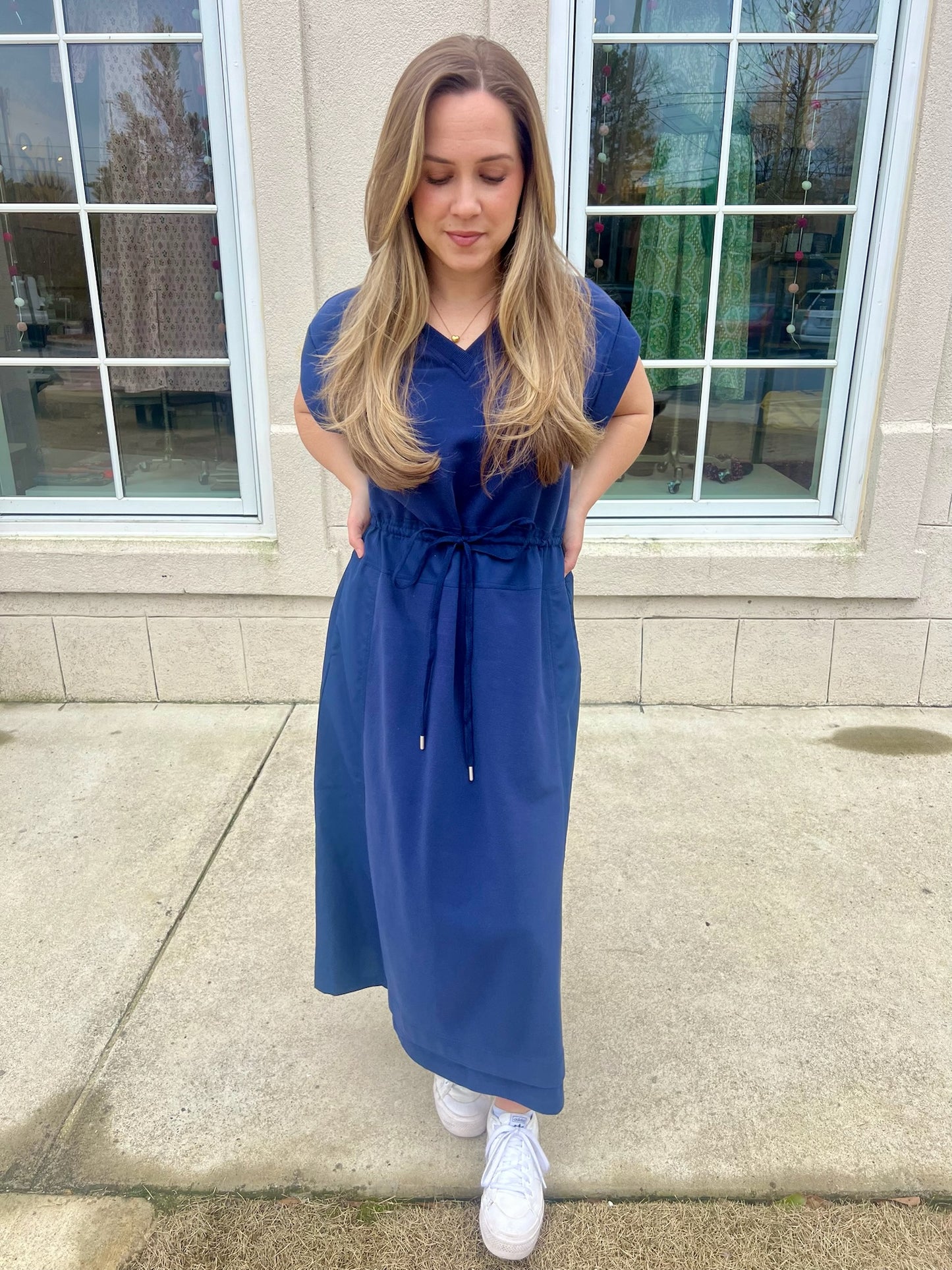 Navy Drawstring Midi Dress