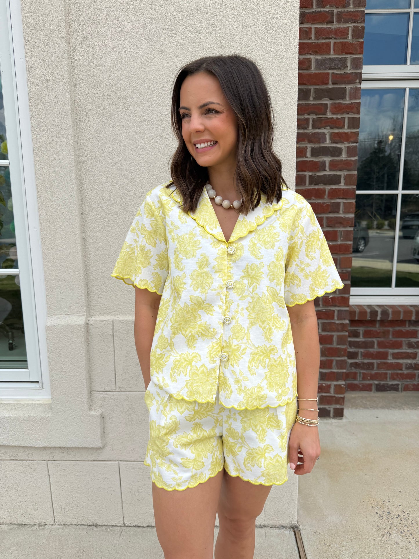 Butter and White Embroidered Scalloped Shorts