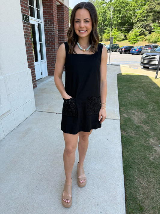 Black Linen Dress with Eyelet Pocket