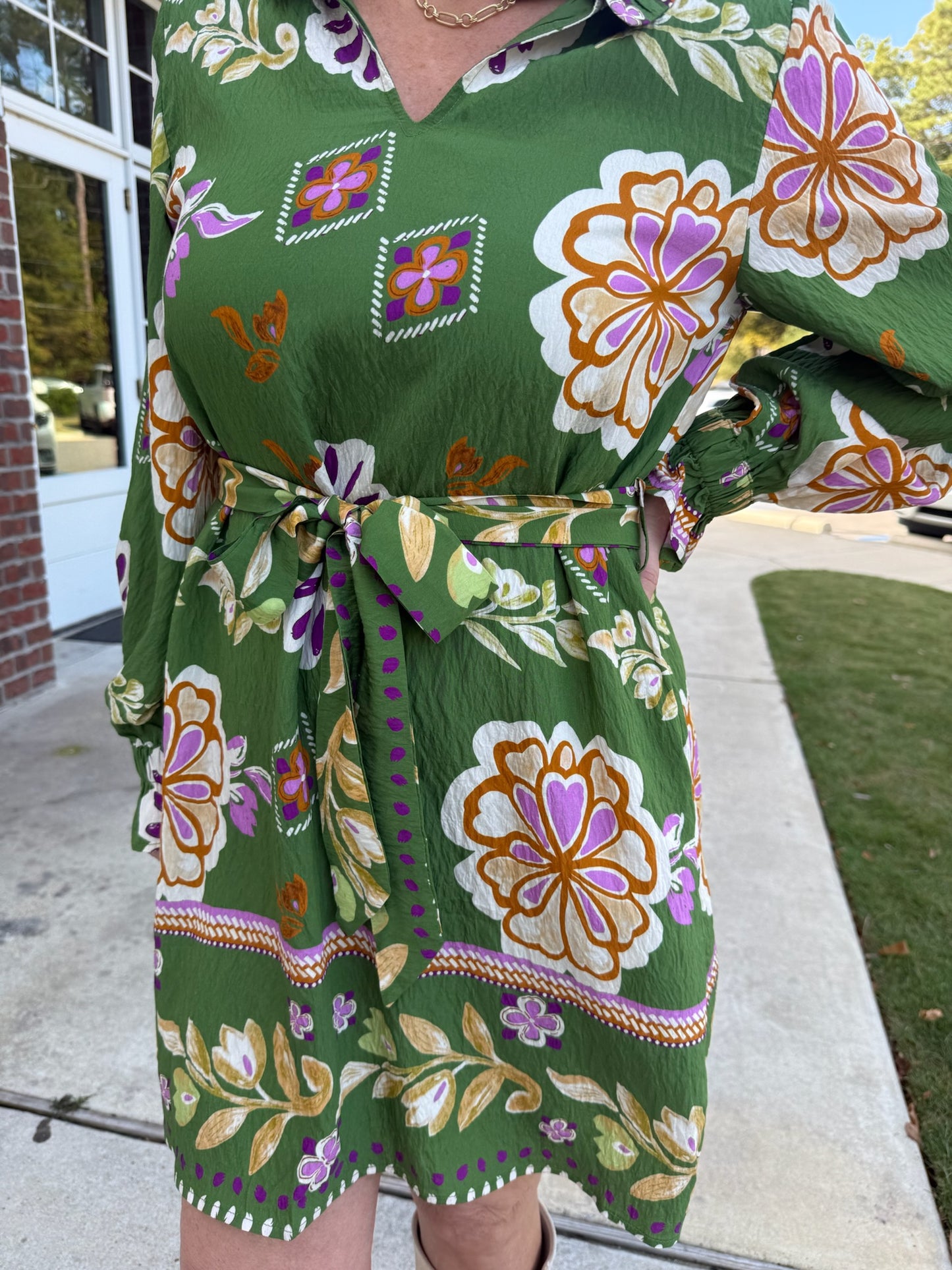 Olive Green Floral  Boho Dress