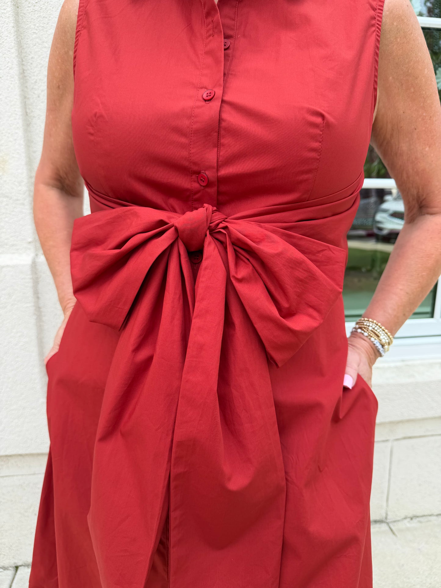 Deep Red Collared with Bow Front Maxi Dress