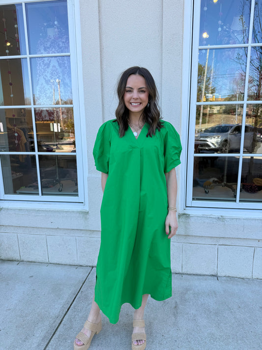 Kelly Green Pleated Sleeve Dress