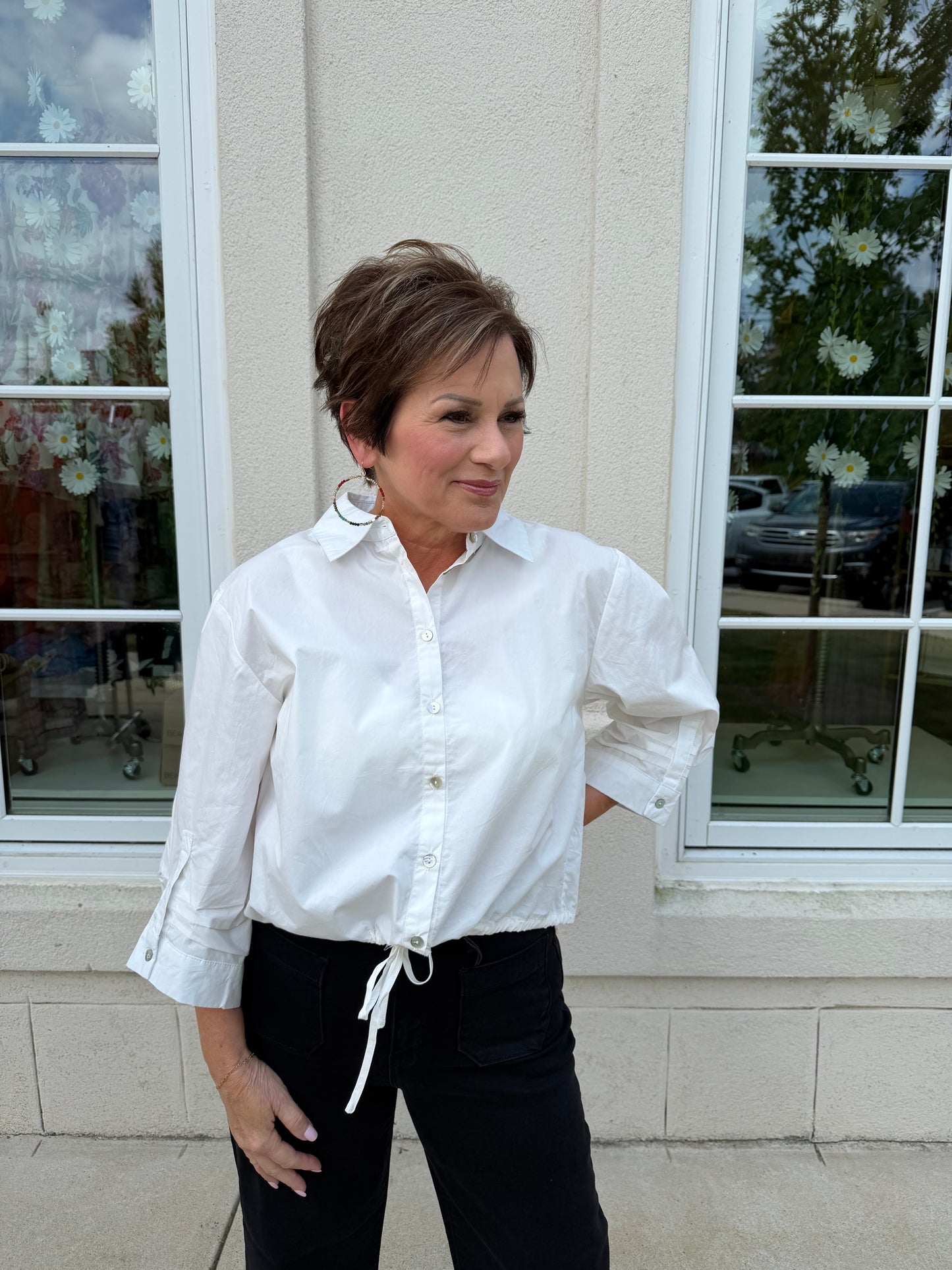 White 3/4 Sleeve Button Down Solid Shirt