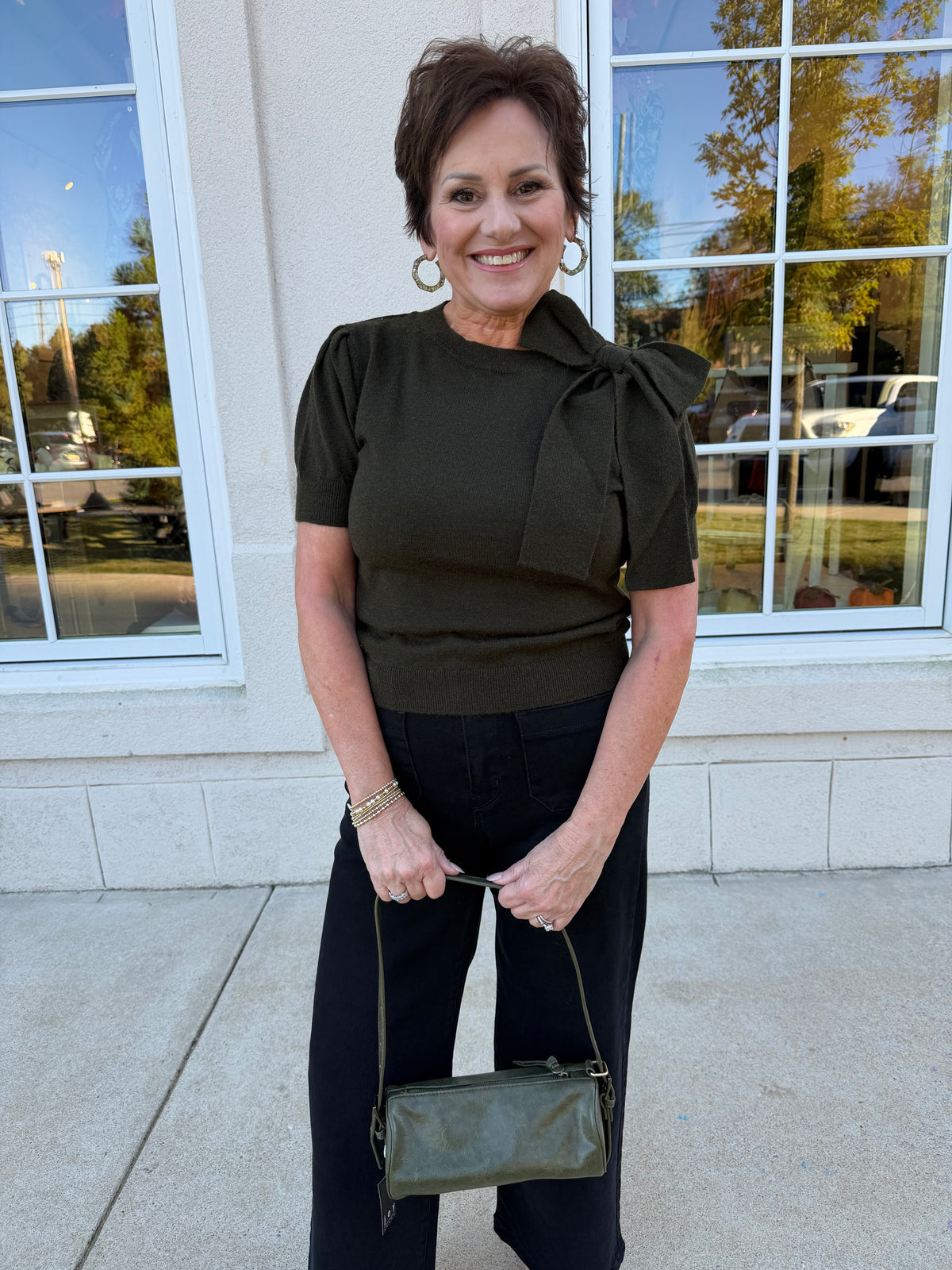 Dark Olive Shoulder Bow Sweater
