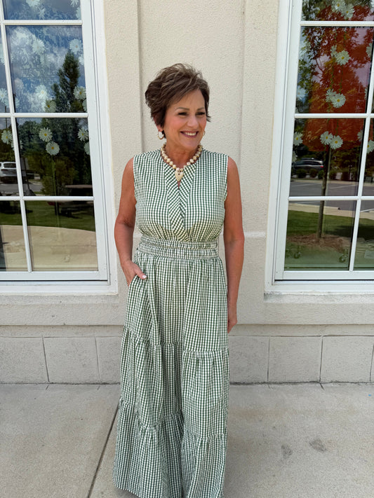 Green Gingham Tiered Maxi