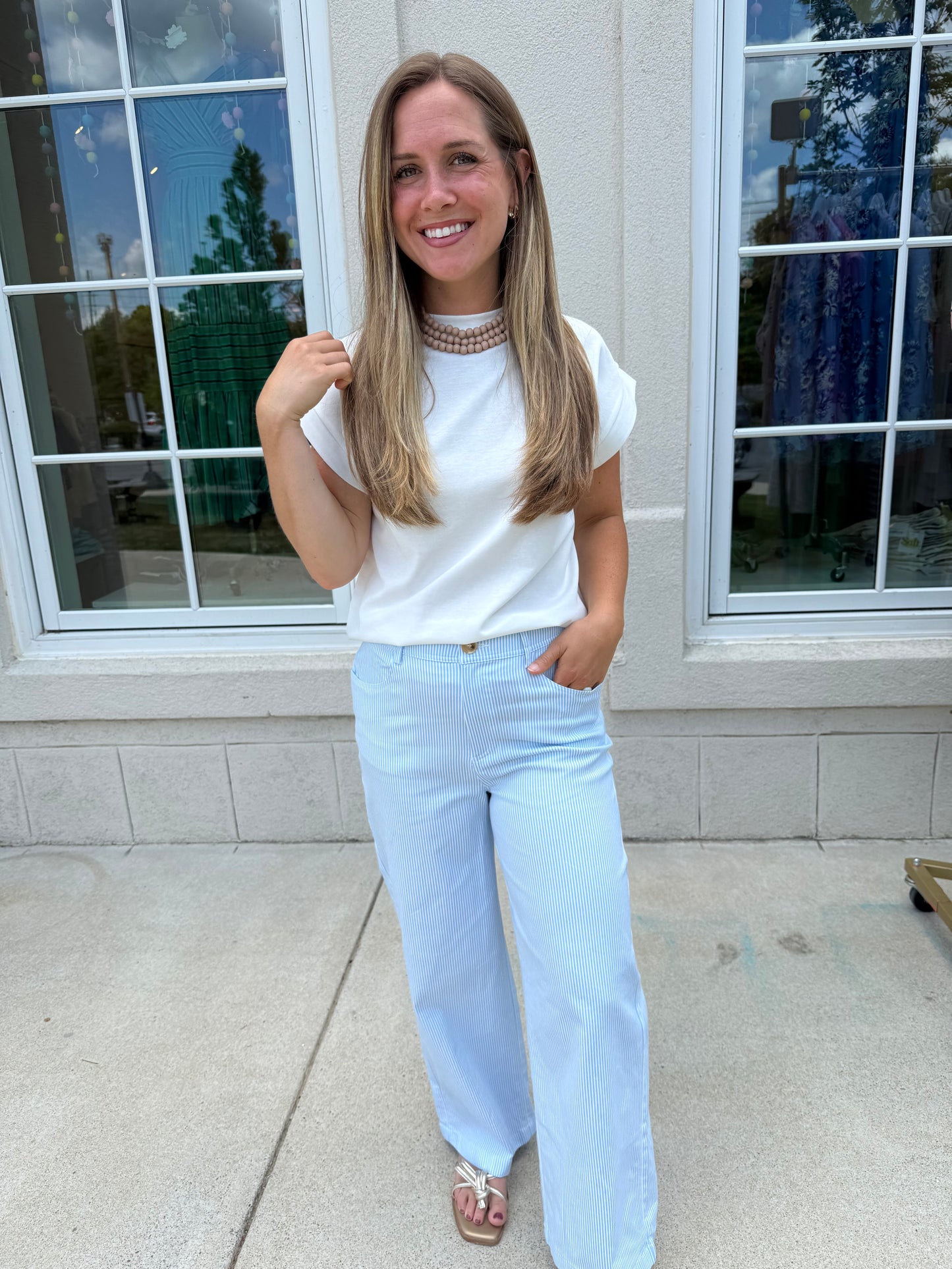 Sky and White Striped Wide Leg Pant