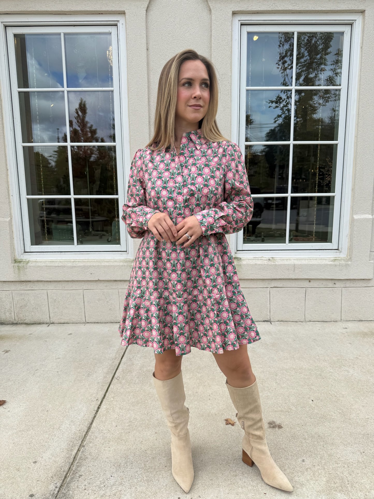 Green and Pink Cotton Poplin Dress