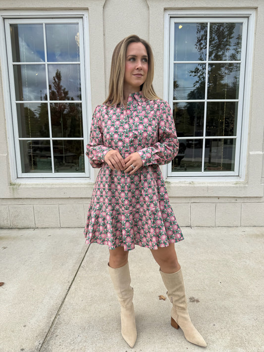 Green and Pink Cotton Poplin Dress