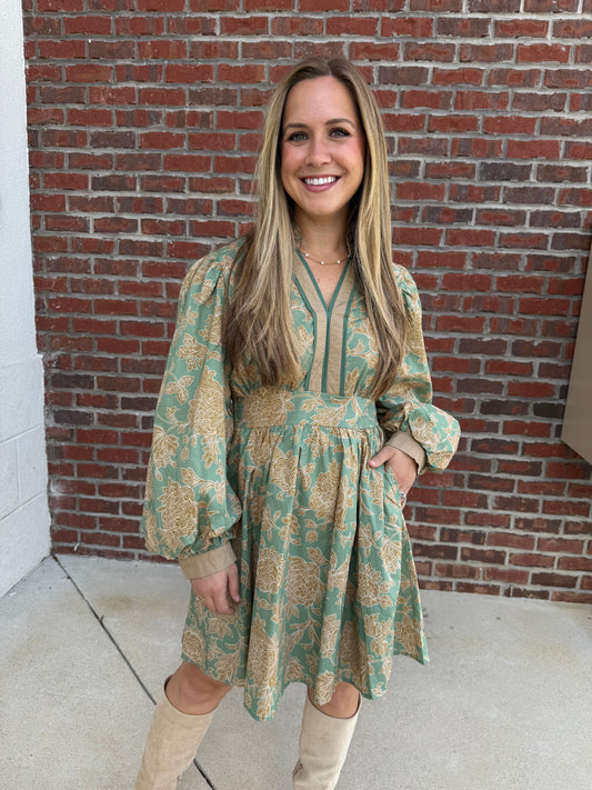 Sage Balloon Sleeve Floral Dress