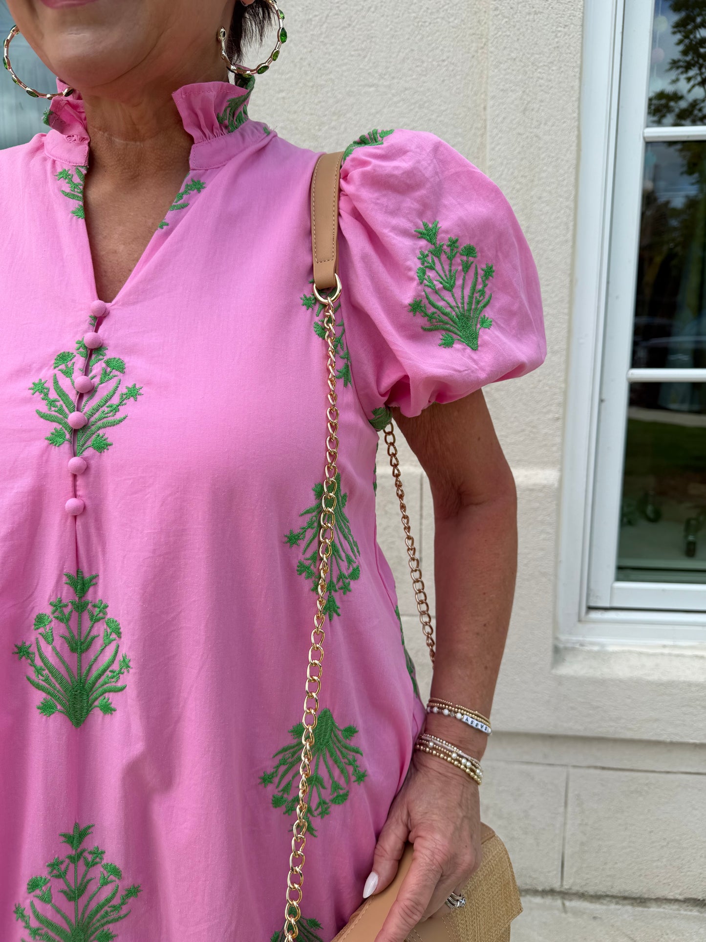 Pink Botanical Embroidered Midi Dress