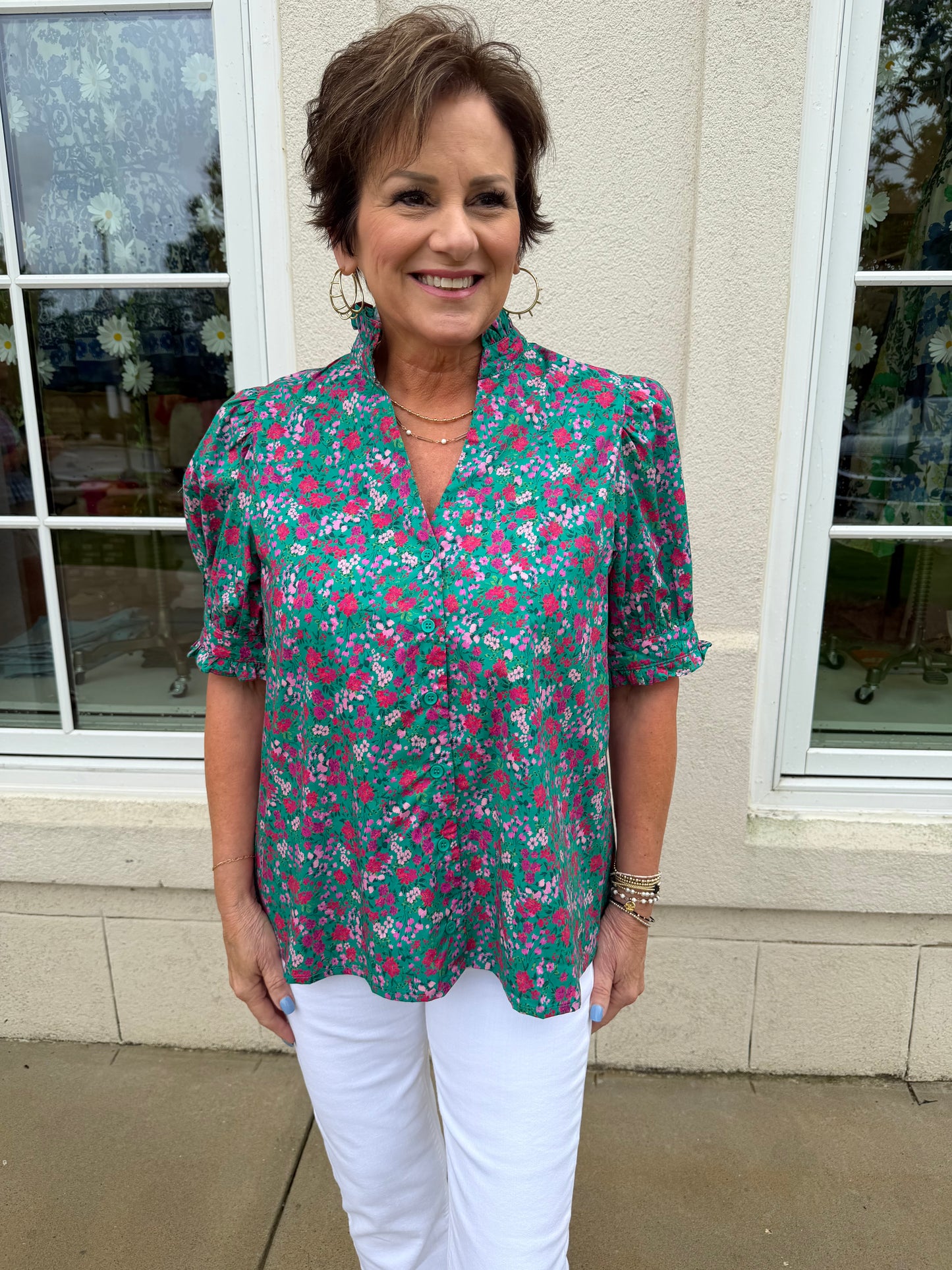 Green Floral  with Ruffled Neck Top