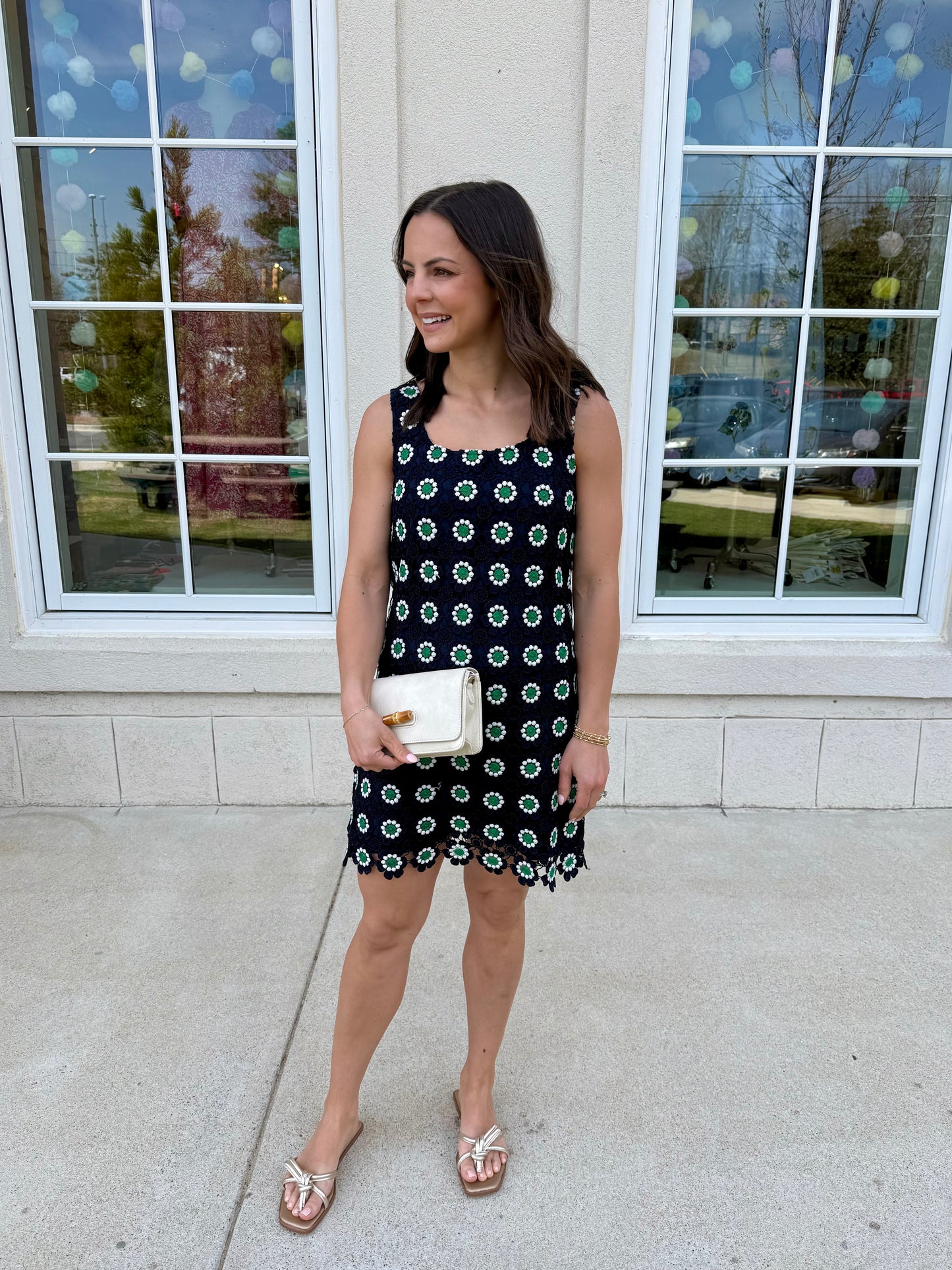 Navy and Green Crocheted Mini Dress