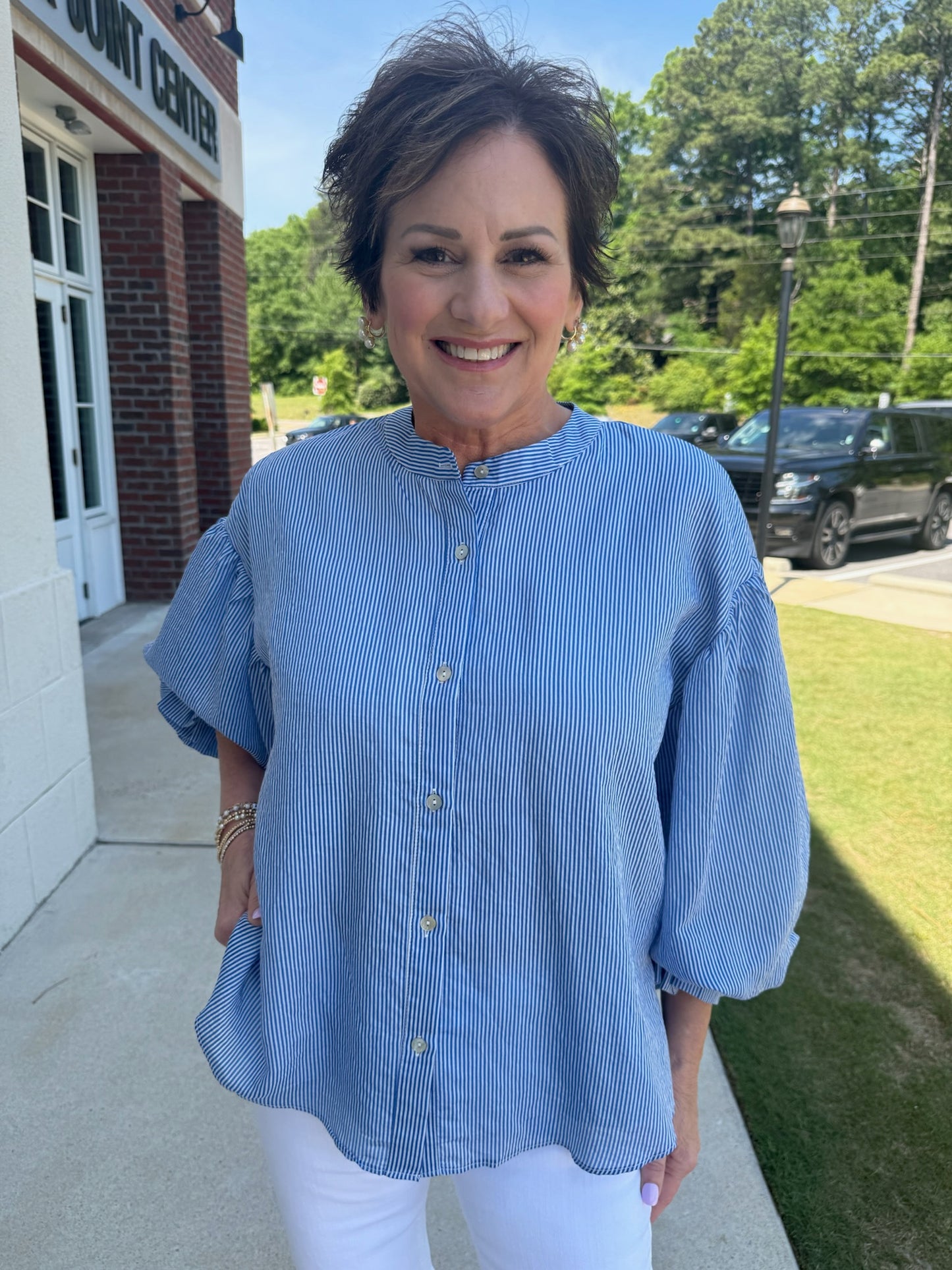 Blue Pinstripe Bubble Sleeve Blouse
