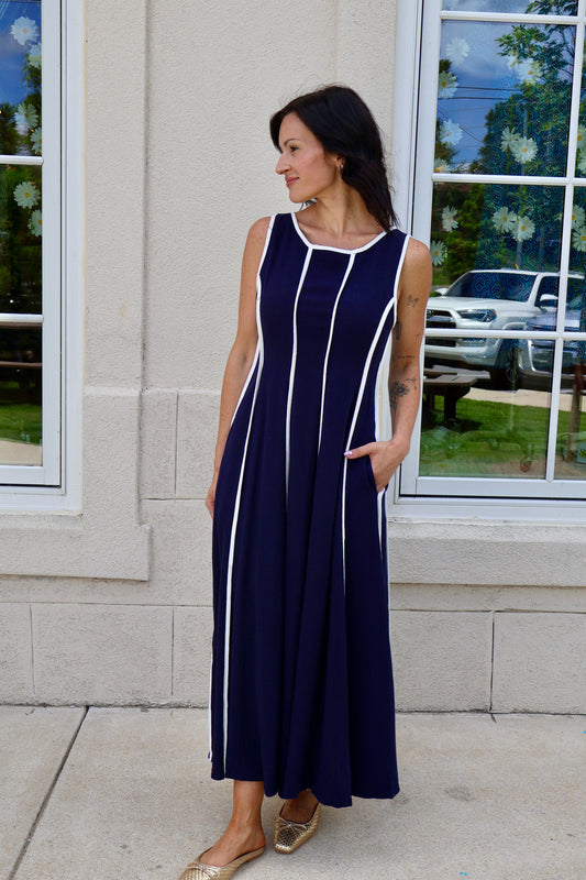 Navy and White Piping Midi Dress