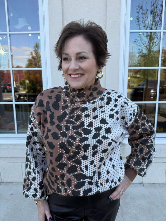 Cream and Brown Animal Patterned Knit Sweater