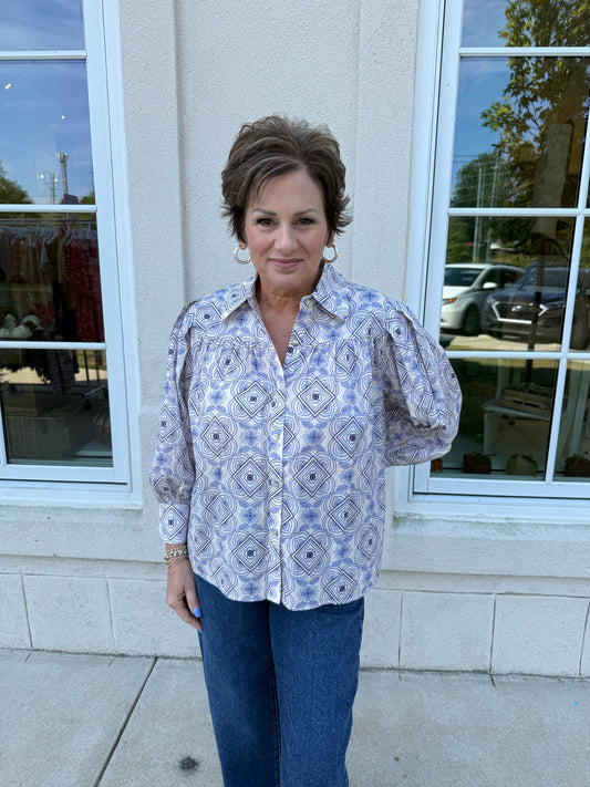 Ivory and Multi Blue Geometric Shirt