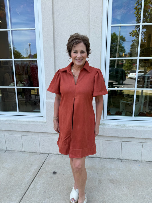 Rust Front Pleated Suede Mini Dress