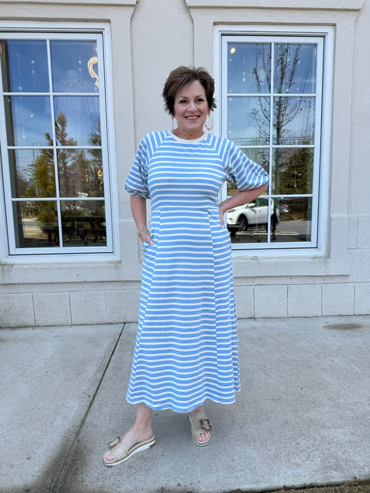 Light Blue Ivory Striped Midi Dress
