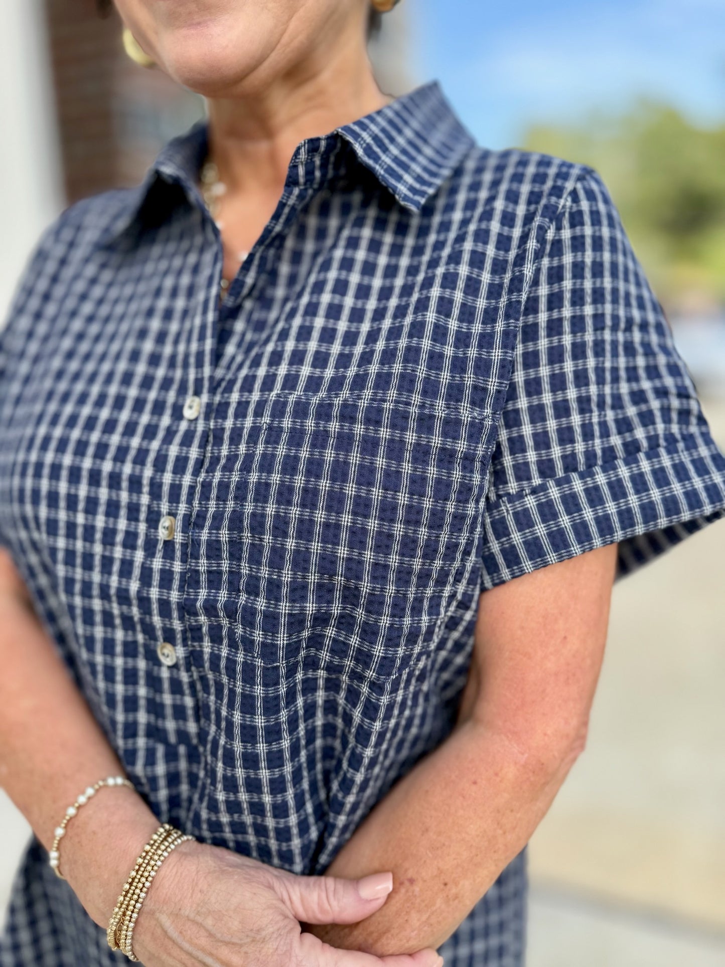 Navy Checkered Easy Shirt Dress