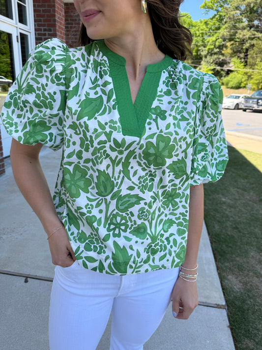 Green Floral Contrast Detailed Top