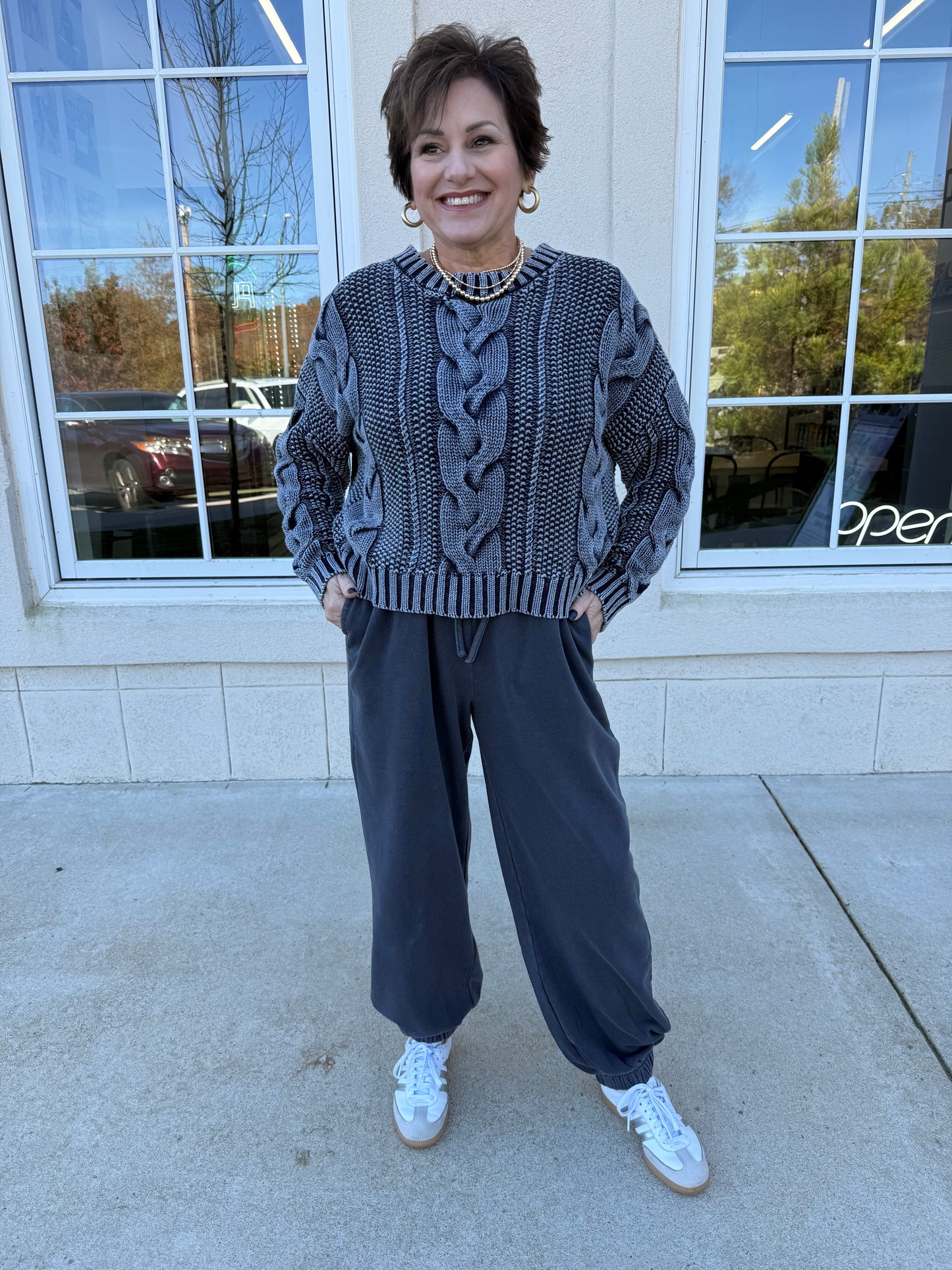 Navy Acid Washed Crew Sweater Set