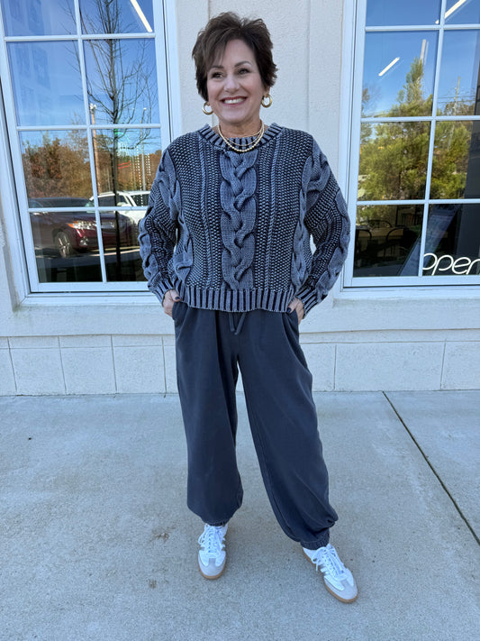 Navy Acid Washed Crew Sweater Set