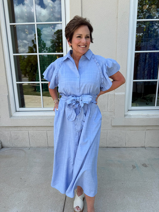 Light Blue Ruffled Detail Midi Dress