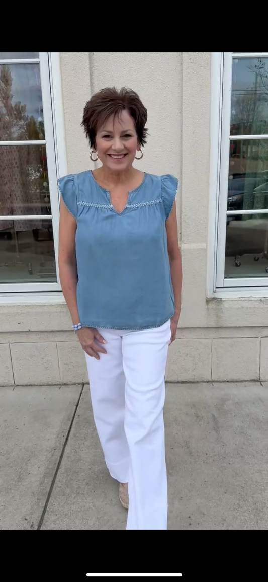 Washed Blue Tencel Embroidered Top