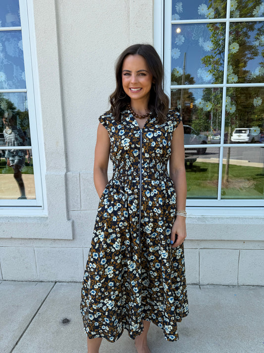 Navy Smocked Waist Front Zip Midi