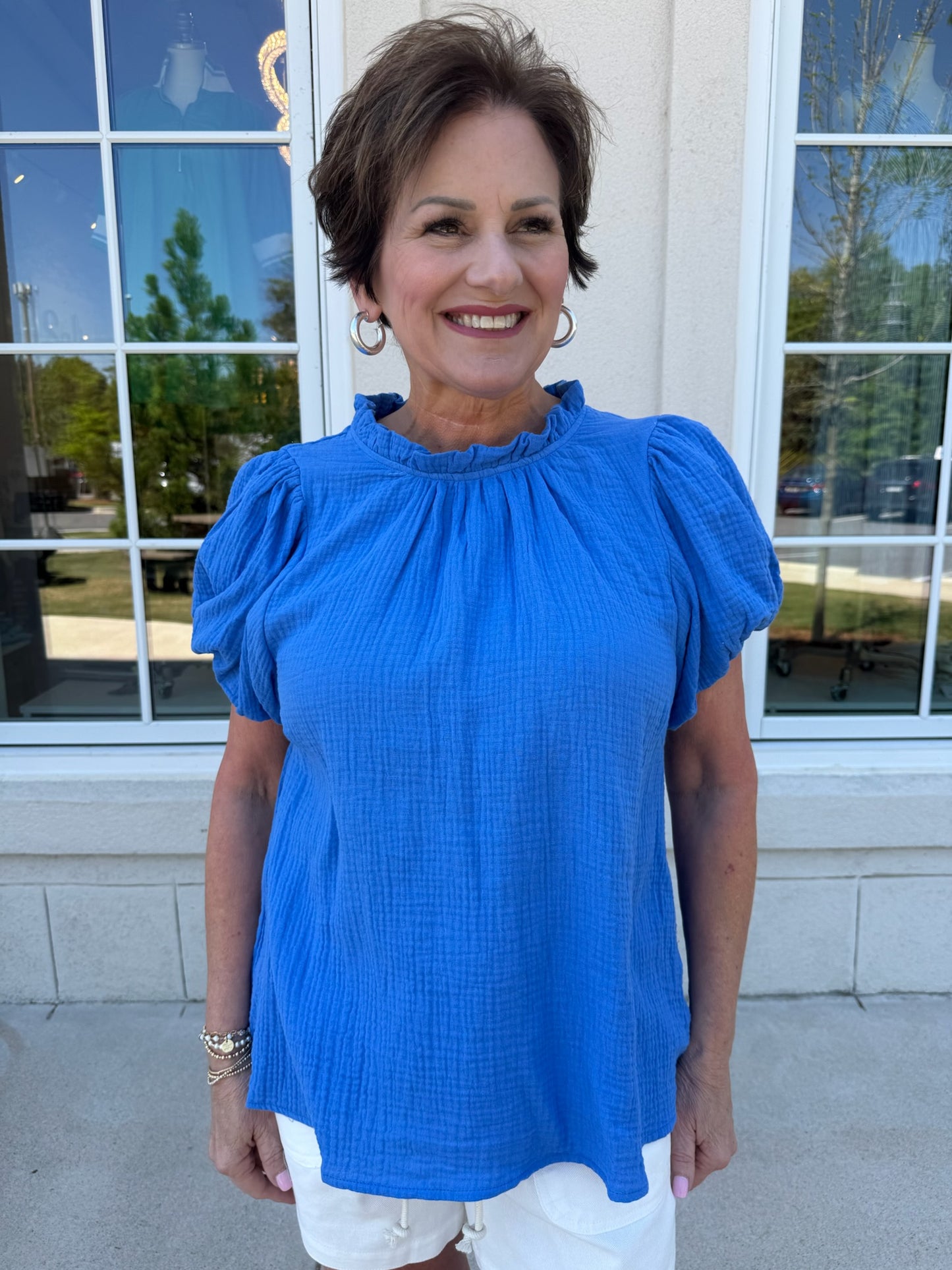 Blue Textured Gauze Ruffle Top
