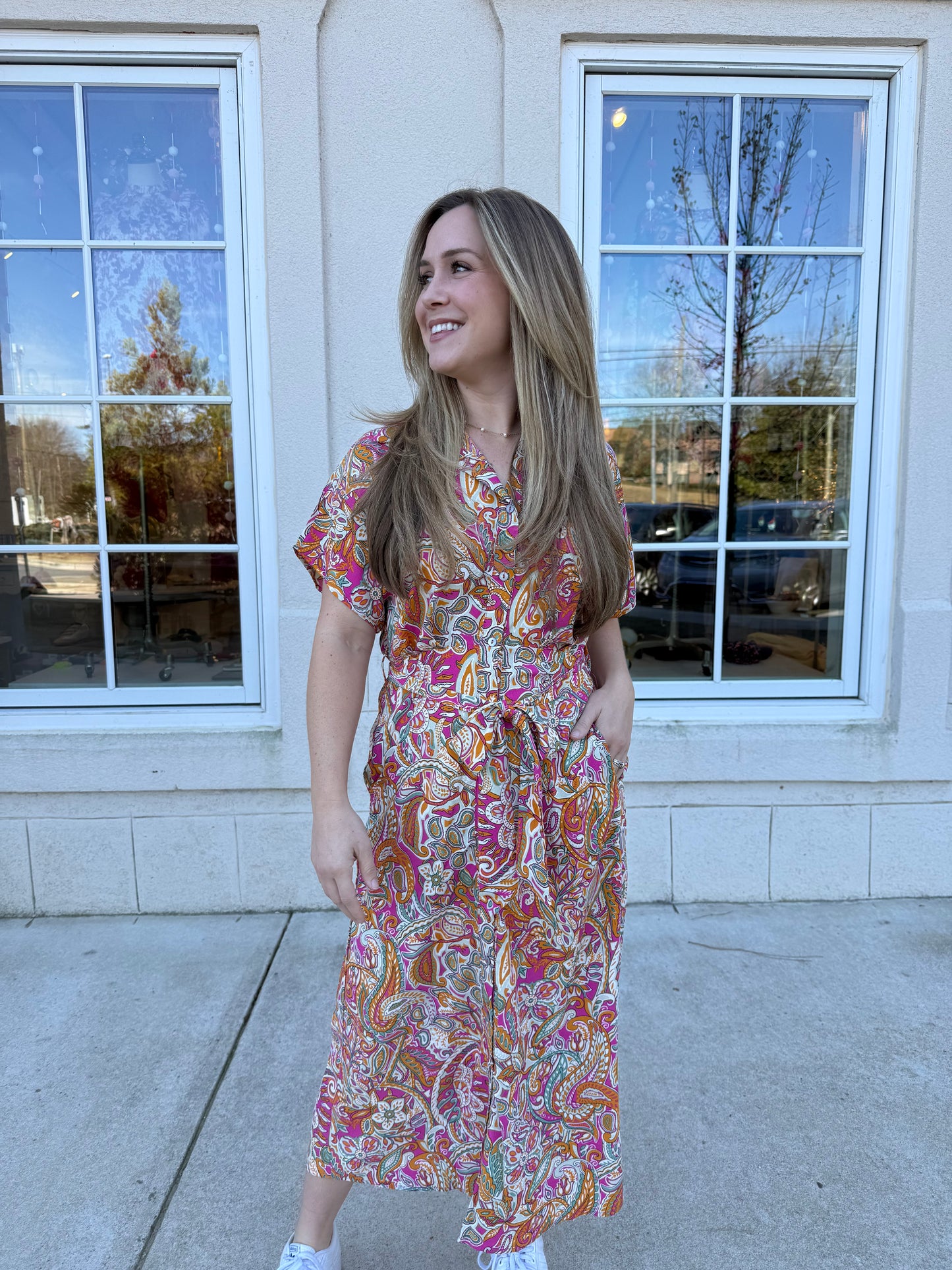 Pink Printed Midi with Waist Tie