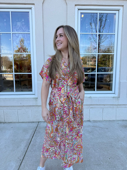 Pink Printed Midi with Waist Tie