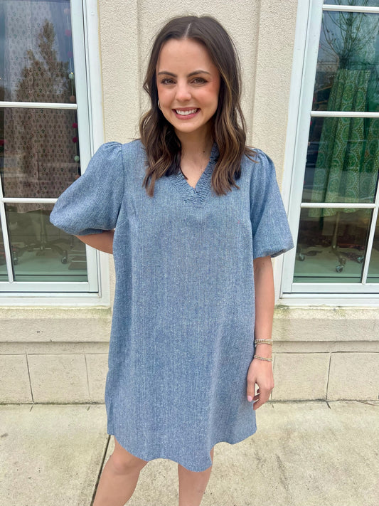 Denim Blue Smocked Denim Mini Dress