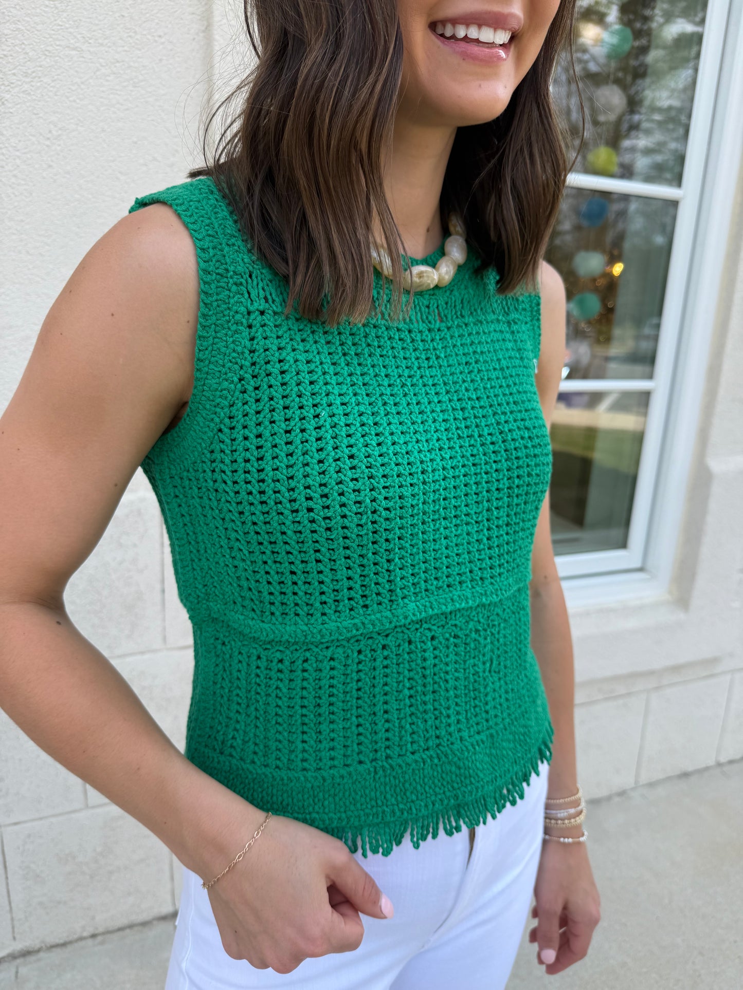 Green Crochet Top with Fringe Hem