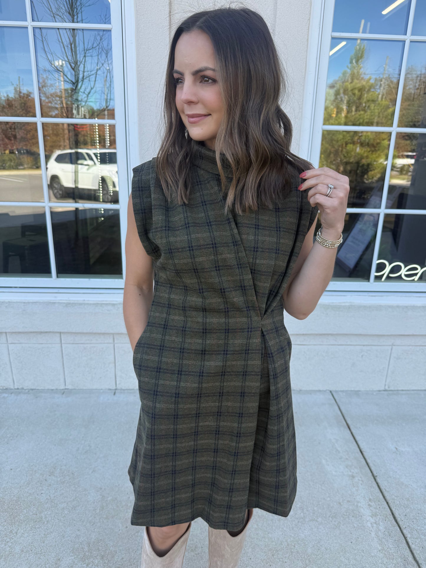 Verdigris Sleeveless Plaid Dress